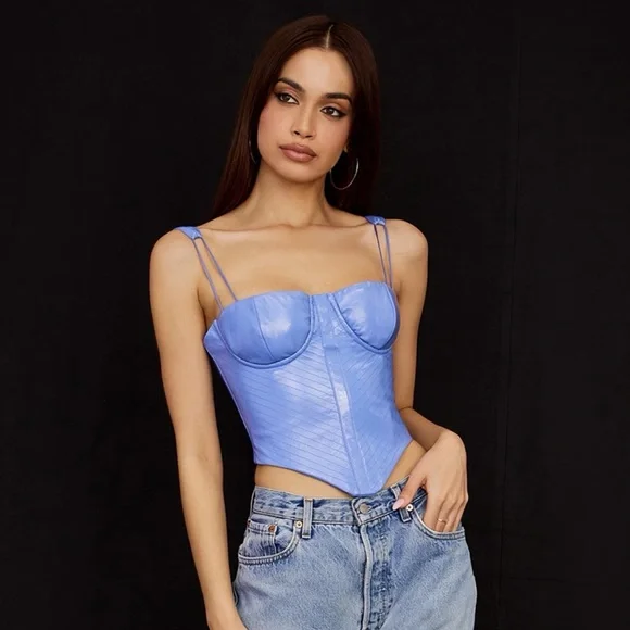 House of CB MELISSA CORNFLOWER BLUE VEGAN LEATHER CORSET Top Size X-Small - Picture 2 of 9